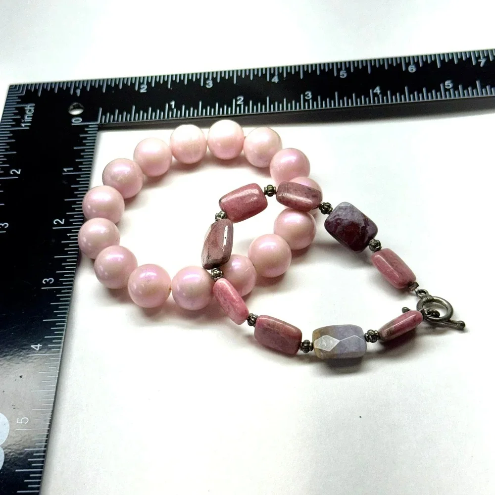 Chunky Pink Round Beads Mixed Gemstone‎ Style Toggle Bracelet Set of Two